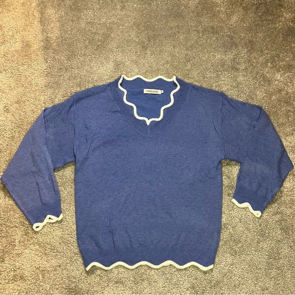 MISSLOOK Light Blue Wool Scalloped Pullover Knit Sweater Size Medium